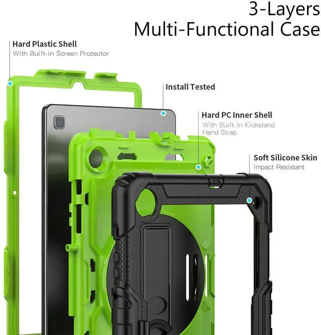 Alt view image 3 of 7 - Heavy Duty Shockproof Protective Case with Screen Protector, 360° Rotating Stand, Hand & Shoulder Strap for Samsung Galaxy Tab S6 Lite 10.4'', SM-P620/P625/P613/P619/P610/P615, GreenPC