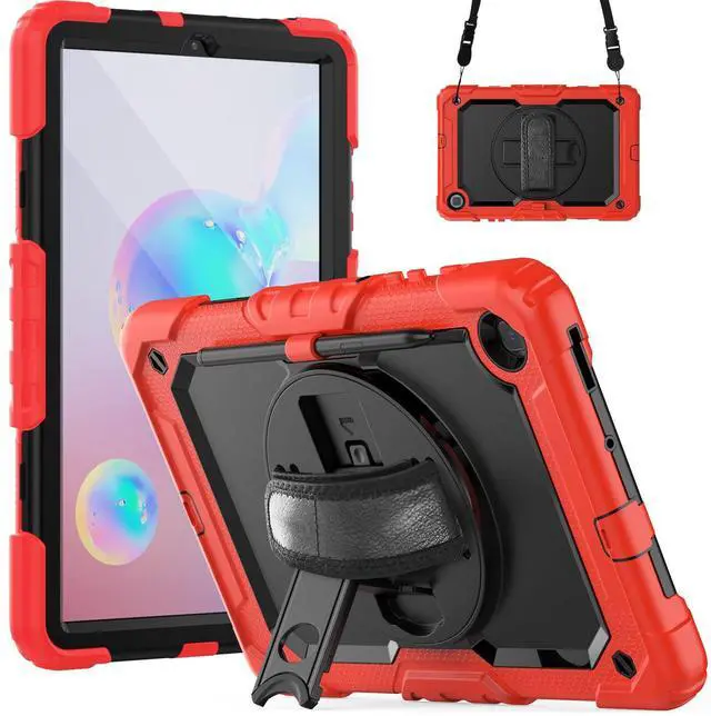 Main image of Heavy Duty Shockproof Protective Case with Screen Protector, 360° Rotating Stand, Hand & Shoulder Strap for Samsung Galaxy Tab S6 Lite 10.4'', SM-P620/P625/P613/P619/P610/P615, Red