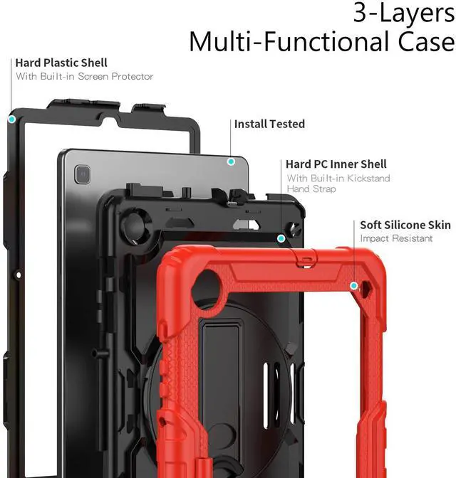 Alt view image 3 of 7 - Heavy Duty Shockproof Protective Case with Screen Protector, 360° Rotating Stand, Hand & Shoulder Strap for Samsung Galaxy Tab S6 Lite 10.4'', SM-P620/P625/P613/P619/P610/P615, Red