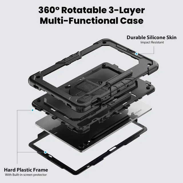 Alt view image 3 of 7 - Heavy Duty Shockproof Protective Case with Screen Protector, 360° Rotating Stand, Hand & Shoulder Strap for Samsung Galaxy Tab S10 Plus 12.4 Inch 2024 / S9 FE Plus / S9 Plus 2023,Black
