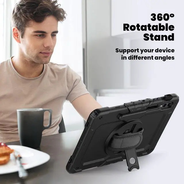Alt view image 5 of 7 - Heavy Duty Shockproof Protective Case with Screen Protector, 360° Rotating Stand, Hand & Shoulder Strap for Samsung Galaxy Tab S10 Plus 12.4 Inch 2024 / S9 FE Plus / S9 Plus 2023,Black