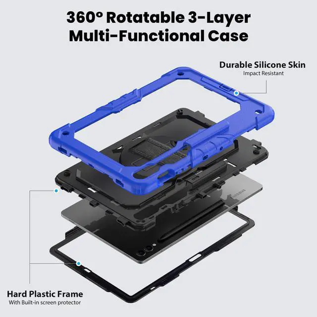 Alt view image 3 of 7 - Heavy Duty Shockproof Protective Case with Screen Protector, 360° Rotating Stand, Hand & Shoulder Strap for Samsung Galaxy Tab S10 Plus 12.4 Inch 2024 / S9 FE Plus / S9 Plus 2023,Blue