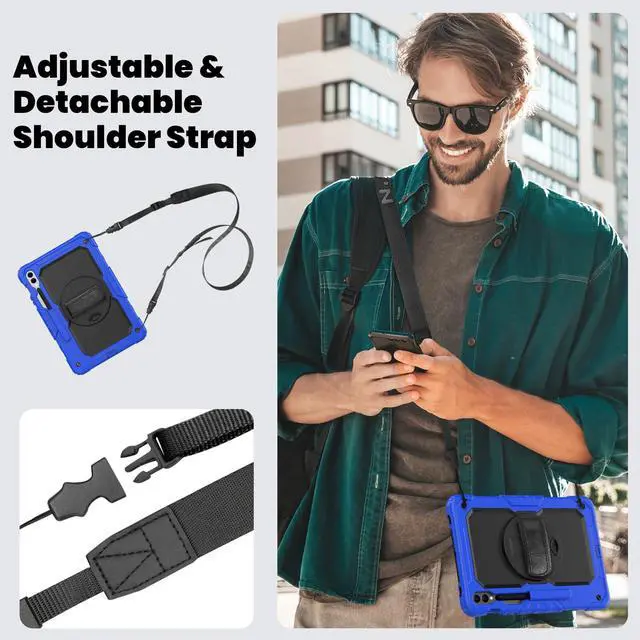 Alt view image 4 of 7 - Heavy Duty Shockproof Protective Case with Screen Protector, 360° Rotating Stand, Hand & Shoulder Strap for Samsung Galaxy Tab S10 Plus 12.4 Inch 2024 / S9 FE Plus / S9 Plus 2023,Blue