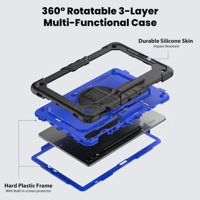 Alt view image 3 of 7 - Heavy Duty Shockproof Protective Case with Screen Protector, 360° Rotating Stand, Hand & Shoulder Strap for Samsung Galaxy Tab S10 Plus 12.4 Inch 2024 / S9 FE Plus / S9 Plus 2023,BluePC