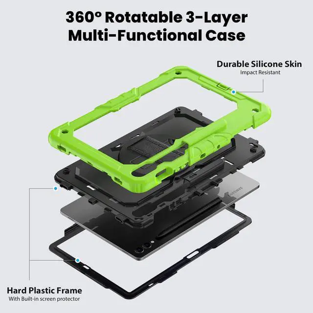 Alt view image 3 of 7 - Heavy Duty Shockproof Protective Case with Screen Protector, 360° Rotating Stand, Hand & Shoulder Strap for Samsung Galaxy Tab S10 Plus 12.4 Inch 2024 / S9 FE Plus / S9 Plus 2023,Green