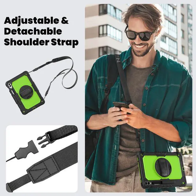 Alt view image 7 of 7 - Heavy Duty Shockproof Protective Case with Screen Protector, 360° Rotating Stand, Hand & Shoulder Strap for Samsung Galaxy Tab S10 Plus 12.4 Inch 2024 / S9 FE Plus / S9 Plus 2023,GreenPC