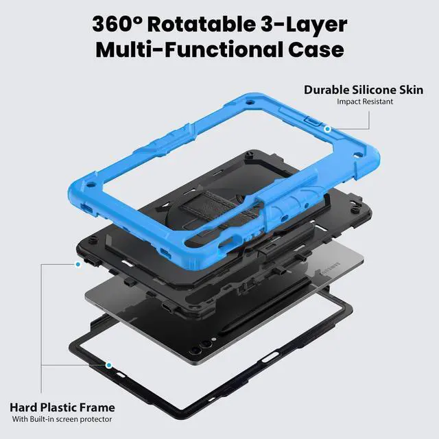 Alt view image 3 of 7 - Heavy Duty Shockproof Protective Case with Screen Protector, 360° Rotating Stand, Hand & Shoulder Strap for Samsung Galaxy Tab S10 Plus 12.4 Inch 2024 / S9 FE Plus / S9 Plus 2023,Light Blue