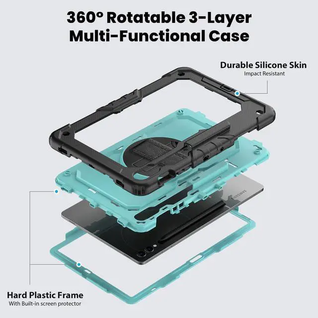 Alt view image 3 of 7 - Heavy Duty Shockproof Protective Case with Screen Protector, 360° Rotating Stand, Hand & Shoulder Strap for Samsung Galaxy Tab S10 Plus 12.4 Inch 2024 / S9 FE Plus / S9 Plus 2023,Light bluePC