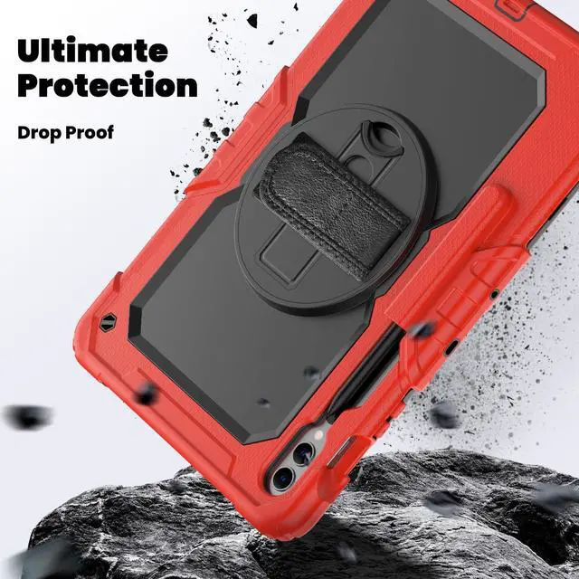 Alt view image 4 of 7 - Heavy Duty Shockproof Protective Case with Screen Protector, 360° Rotating Stand, Hand & Shoulder Strap for Samsung Galaxy Tab S10 Plus 12.4 Inch 2024 / S9 FE Plus / S9 Plus 2023,Red