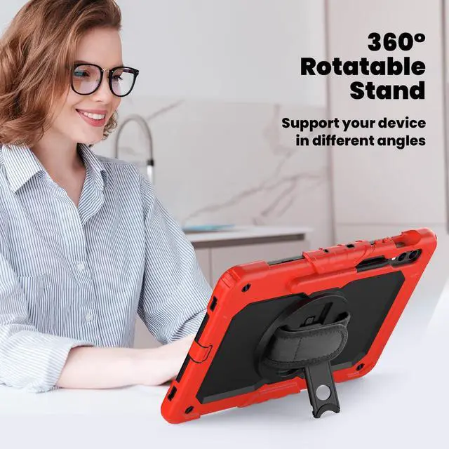 Alt view image 5 of 7 - Heavy Duty Shockproof Protective Case with Screen Protector, 360° Rotating Stand, Hand & Shoulder Strap for Samsung Galaxy Tab S10 Plus 12.4 Inch 2024 / S9 FE Plus / S9 Plus 2023,Red