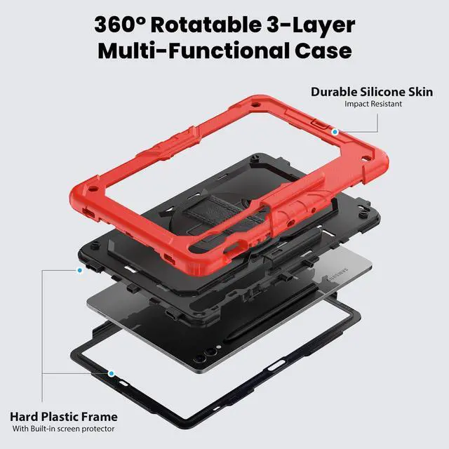Alt view image 3 of 7 - Heavy Duty Shockproof Protective Case with Screen Protector, 360° Rotating Stand, Hand & Shoulder Strap for Samsung Galaxy Tab S10 Plus 12.4 Inch 2024 / S9 FE Plus / S9 Plus 2023,Red