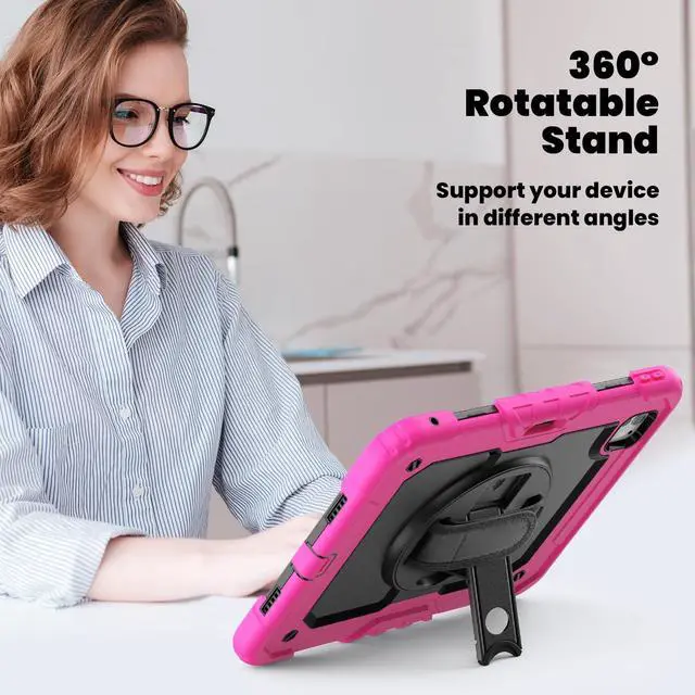 Alt view image 5 of 7 - Heavy Duty Shockproof Protective Case with Screen Protector, 360° Rotating Stand, Hand & Shoulder Strap for iPad Pro 11 inch (M4) 5th Generation 2024,Rose