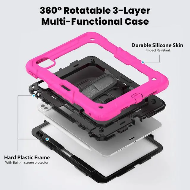 Alt view image 3 of 7 - Heavy Duty Shockproof Protective Case with Screen Protector, 360° Rotating Stand, Hand & Shoulder Strap for iPad Pro 11 inch (M4) 5th Generation 2024,Rose