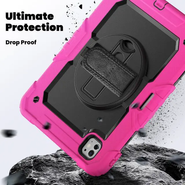 Alt view image 4 of 7 - Heavy Duty Shockproof Protective Case with Screen Protector, 360° Rotating Stand, Hand & Shoulder Strap for iPad Pro 11 inch (M4) 5th Generation 2024,Rose