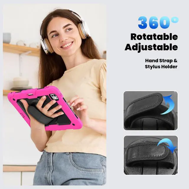 Alt view image 7 of 7 - Heavy Duty Shockproof Protective Case with Screen Protector, 360° Rotating Stand, Hand & Shoulder Strap for iPad Pro 11 inch (M4) 5th Generation 2024,Rose
