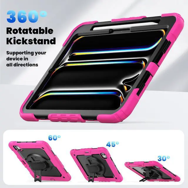 Alt view image 6 of 7 - Heavy Duty Shockproof Protective Case with Screen Protector, 360° Rotating Stand, Hand & Shoulder Strap for iPad Pro 11 inch (M4) 5th Generation 2024,Rose