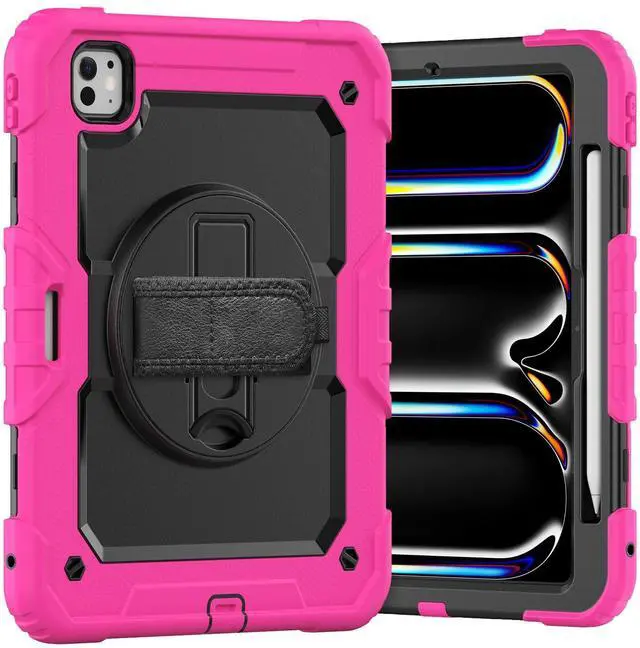 Main image of Heavy Duty Shockproof Protective Case with Screen Protector, 360° Rotating Stand, Hand & Shoulder Strap for iPad Pro 11 inch (M4) 5th Generation 2024,Rose
