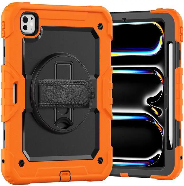 Main image of Heavy Duty Shockproof Protective Case with Screen Protector, 360° Rotating Stand, Hand & Shoulder Strap for iPad Pro 11 inch (M4) 5th Generation 2024,Orange