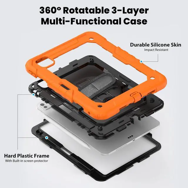 Alt view image 3 of 7 - Heavy Duty Shockproof Protective Case with Screen Protector, 360° Rotating Stand, Hand & Shoulder Strap for iPad Pro 11 inch (M4) 5th Generation 2024,Orange