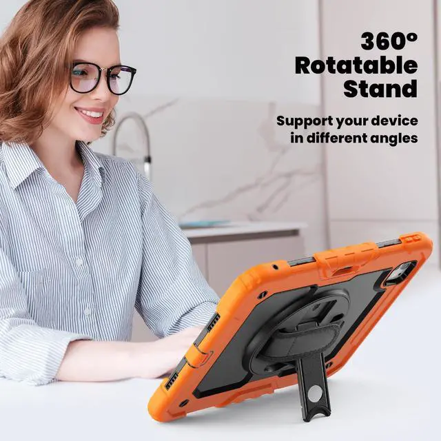 Alt view image 5 of 7 - Heavy Duty Shockproof Protective Case with Screen Protector, 360° Rotating Stand, Hand & Shoulder Strap for iPad Pro 11 inch (M4) 5th Generation 2024,Orange