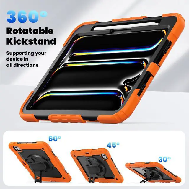 Alt view image 6 of 7 - Heavy Duty Shockproof Protective Case with Screen Protector, 360° Rotating Stand, Hand & Shoulder Strap for iPad Pro 11 inch (M4) 5th Generation 2024,Orange