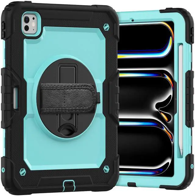 Main image of Heavy Duty Shockproof Protective Case with Screen Protector, 360° Rotating Stand, Hand & Shoulder Strap for iPad Pro 11 inch (M4) 5th Generation 2024,Light bluePC