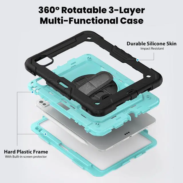 Alt view image 3 of 7 - Heavy Duty Shockproof Protective Case with Screen Protector, 360° Rotating Stand, Hand & Shoulder Strap for iPad Pro 11 inch (M4) 5th Generation 2024,Light bluePC