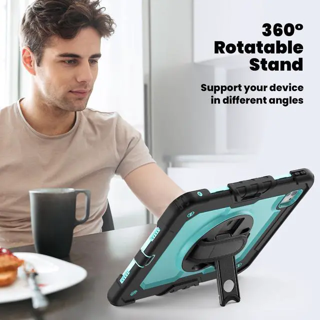 Alt view image 5 of 7 - Heavy Duty Shockproof Protective Case with Screen Protector, 360° Rotating Stand, Hand & Shoulder Strap for iPad Pro 11 inch (M4) 5th Generation 2024,Light bluePC
