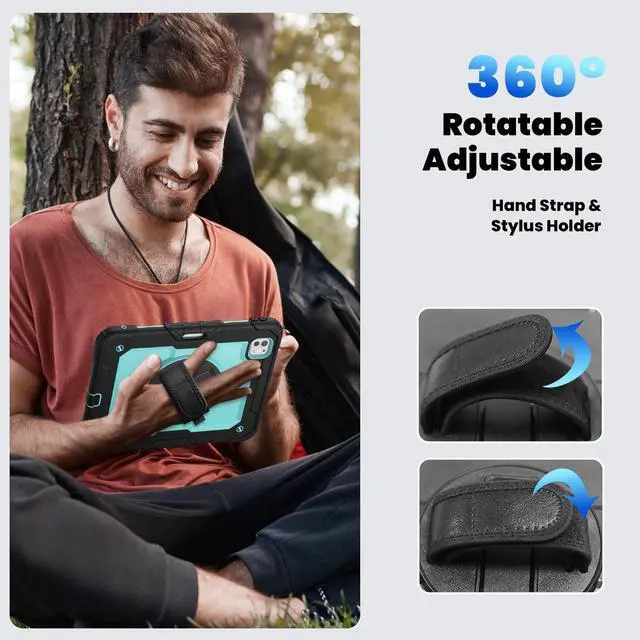 Alt view image 7 of 7 - Heavy Duty Shockproof Protective Case with Screen Protector, 360° Rotating Stand, Hand & Shoulder Strap for iPad Pro 11 inch (M4) 5th Generation 2024,Light bluePC