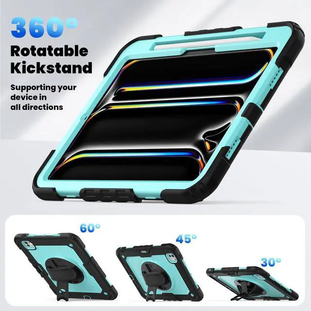Alt view image 6 of 7 - Heavy Duty Shockproof Protective Case with Screen Protector, 360° Rotating Stand, Hand & Shoulder Strap for iPad Pro 11 inch (M4) 5th Generation 2024,Light bluePC