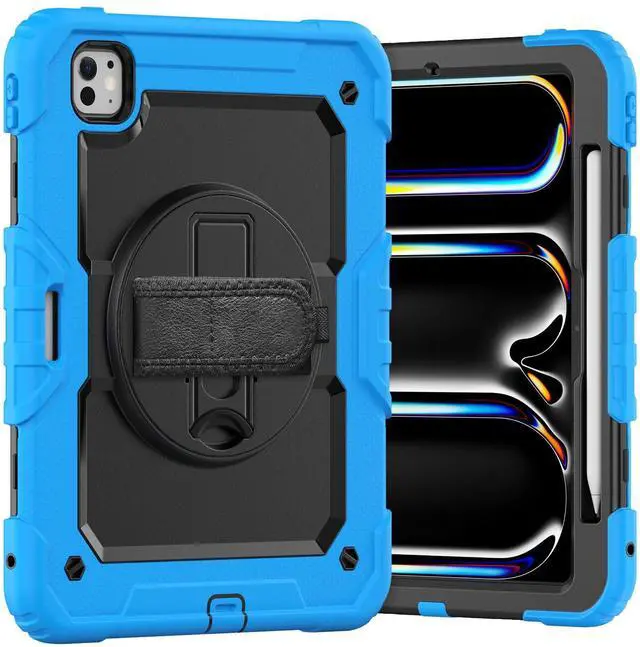 Main image of Heavy Duty Shockproof Protective Case with Screen Protector, 360° Rotating Stand, Hand & Shoulder Strap for iPad Pro 11 inch (M4) 5th Generation 2024,Light Blue