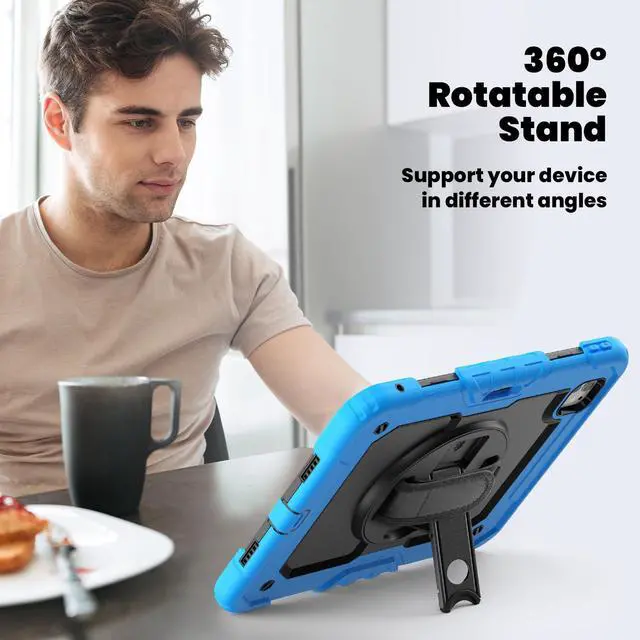 Alt view image 5 of 7 - Heavy Duty Shockproof Protective Case with Screen Protector, 360° Rotating Stand, Hand & Shoulder Strap for iPad Pro 11 inch (M4) 5th Generation 2024,Light Blue