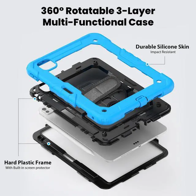 Alt view image 3 of 7 - Heavy Duty Shockproof Protective Case with Screen Protector, 360° Rotating Stand, Hand & Shoulder Strap for iPad Pro 11 inch (M4) 5th Generation 2024,Light Blue