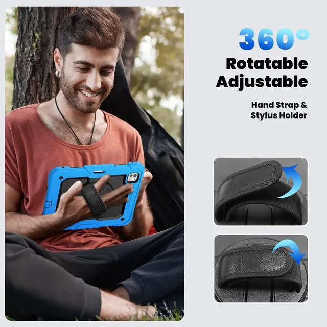 Alt view image 7 of 7 - Heavy Duty Shockproof Protective Case with Screen Protector, 360° Rotating Stand, Hand & Shoulder Strap for iPad Pro 11 inch (M4) 5th Generation 2024,Light Blue