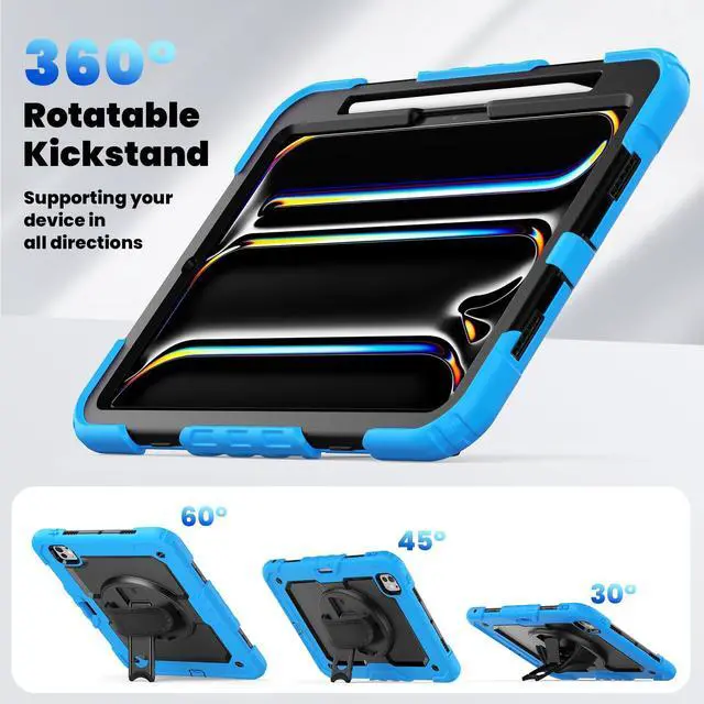 Alt view image 6 of 7 - Heavy Duty Shockproof Protective Case with Screen Protector, 360° Rotating Stand, Hand & Shoulder Strap for iPad Pro 11 inch (M4) 5th Generation 2024,Light Blue