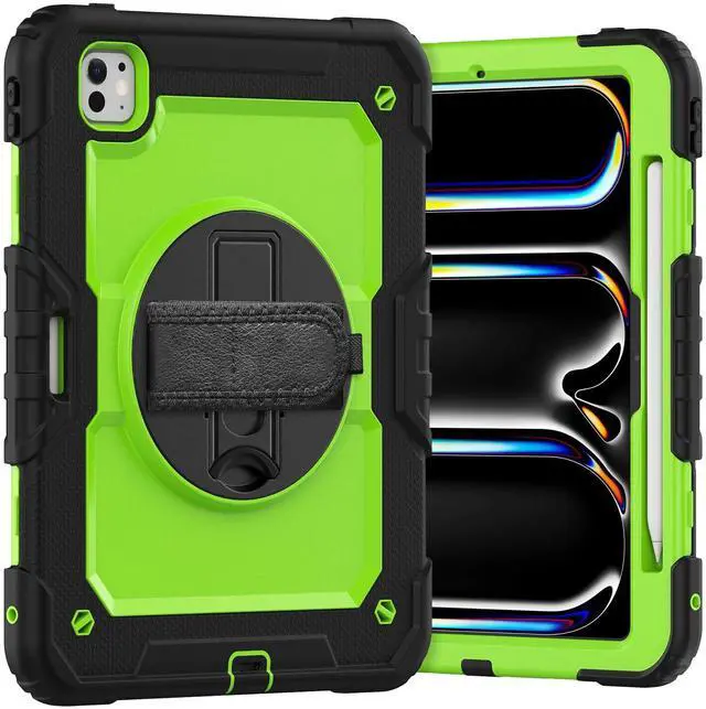 Main image of Heavy Duty Shockproof Protective Case with Screen Protector, 360° Rotating Stand, Hand & Shoulder Strap for iPad Pro 11 inch (M4) 5th Generation 2024,GreenPC