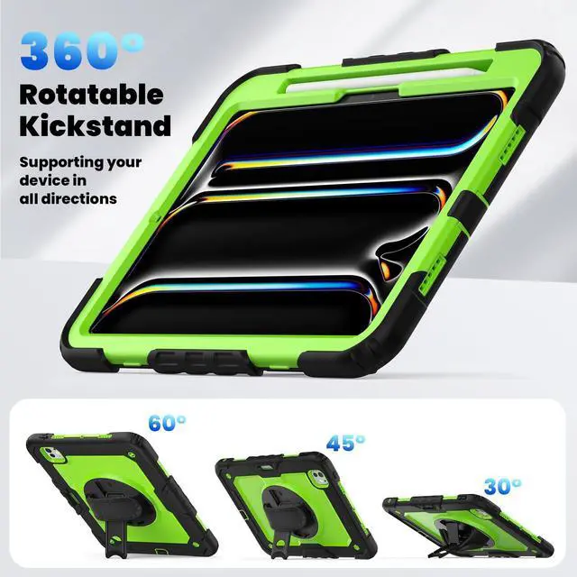 Alt view image 6 of 7 - Heavy Duty Shockproof Protective Case with Screen Protector, 360° Rotating Stand, Hand & Shoulder Strap for iPad Pro 11 inch (M4) 5th Generation 2024,GreenPC