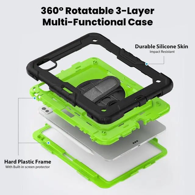 Alt view image 3 of 7 - Heavy Duty Shockproof Protective Case with Screen Protector, 360° Rotating Stand, Hand & Shoulder Strap for iPad Pro 11 inch (M4) 5th Generation 2024,GreenPC