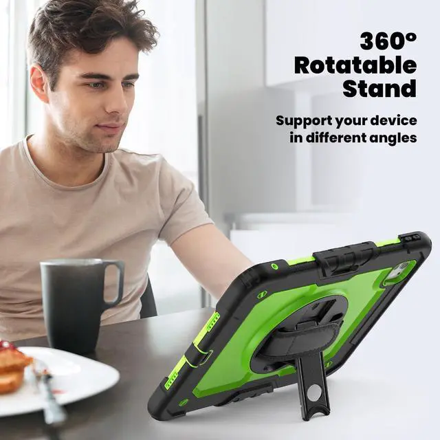 Alt view image 5 of 7 - Heavy Duty Shockproof Protective Case with Screen Protector, 360° Rotating Stand, Hand & Shoulder Strap for iPad Pro 11 inch (M4) 5th Generation 2024,GreenPC