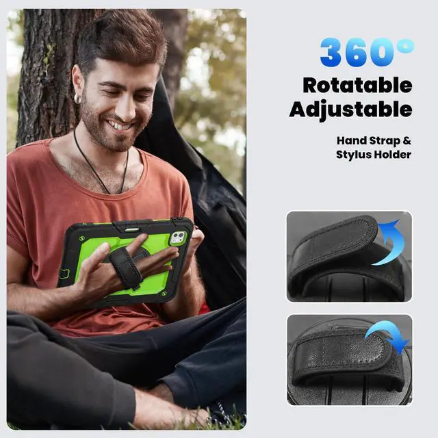 Alt view image 7 of 7 - Heavy Duty Shockproof Protective Case with Screen Protector, 360° Rotating Stand, Hand & Shoulder Strap for iPad Pro 11 inch (M4) 5th Generation 2024,GreenPC