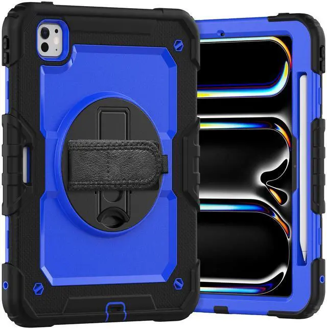 Main image of Heavy Duty Shockproof Protective Case with Screen Protector, 360° Rotating Stand, Hand & Shoulder Strap for iPad Pro 11 inch (M4) 5th Generation 2024,BluePC
