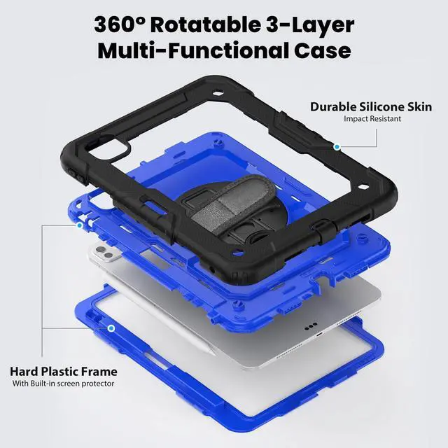 Alt view image 3 of 7 - Heavy Duty Shockproof Protective Case with Screen Protector, 360° Rotating Stand, Hand & Shoulder Strap for iPad Pro 11 inch (M4) 5th Generation 2024,BluePC