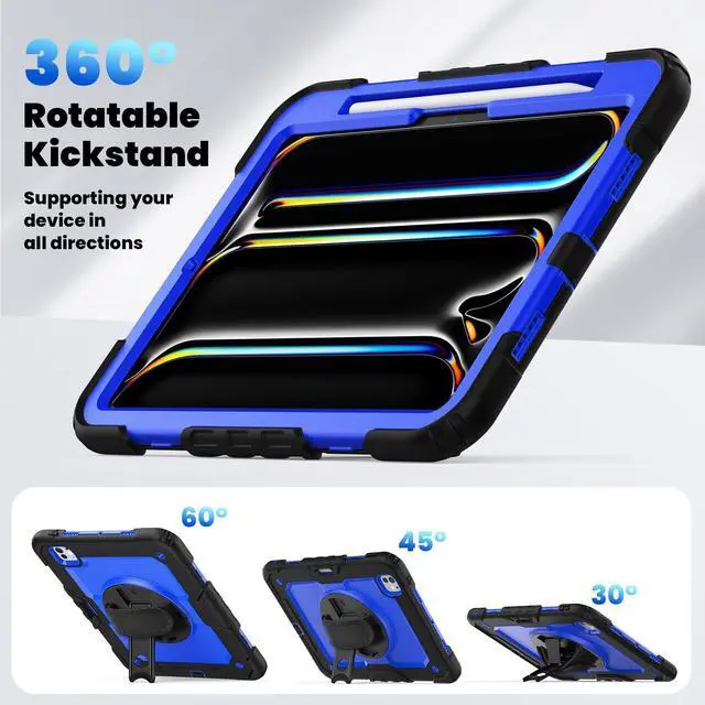 Alt view image 6 of 7 - Heavy Duty Shockproof Protective Case with Screen Protector, 360° Rotating Stand, Hand & Shoulder Strap for iPad Pro 11 inch (M4) 5th Generation 2024,BluePC