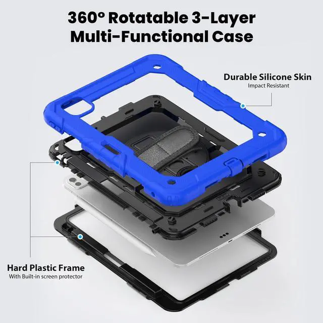 Alt view image 3 of 7 - Heavy Duty Shockproof Protective Case with Screen Protector, 360° Rotating Stand, Hand & Shoulder Strap for iPad Pro 11 inch (M4) 5th Generation 2024,Blue
