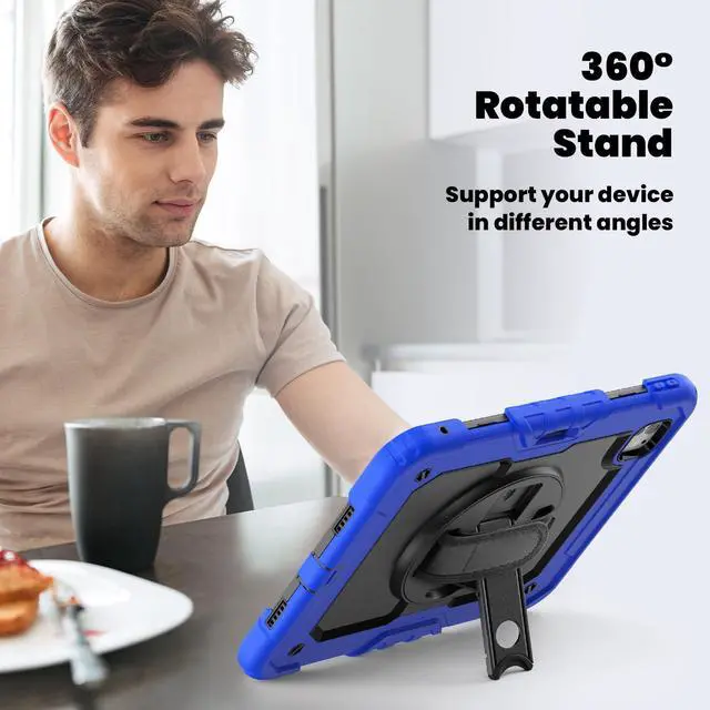 Alt view image 5 of 7 - Heavy Duty Shockproof Protective Case with Screen Protector, 360° Rotating Stand, Hand & Shoulder Strap for iPad Pro 11 inch (M4) 5th Generation 2024,Blue