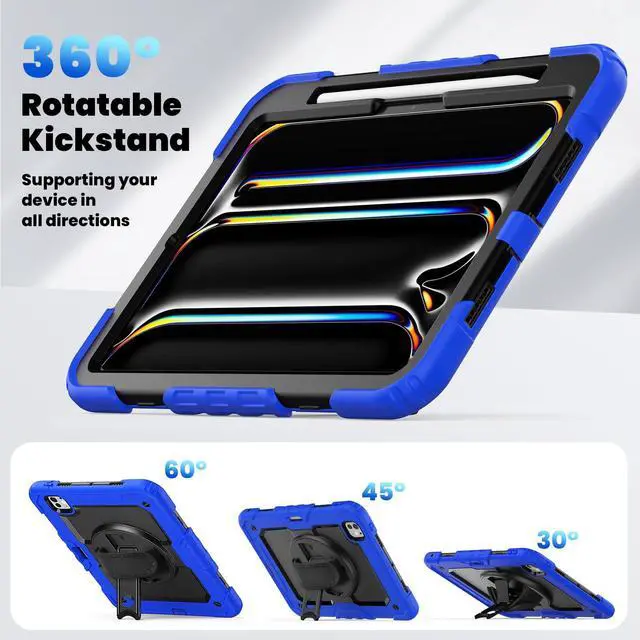 Alt view image 6 of 7 - Heavy Duty Shockproof Protective Case with Screen Protector, 360° Rotating Stand, Hand & Shoulder Strap for iPad Pro 11 inch (M4) 5th Generation 2024,Blue