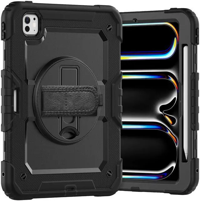 Main image of Heavy Duty Shockproof Protective Case with Screen Protector, 360° Rotating Stand, Hand & Shoulder Strap for iPad Pro 11 inch (M4) 5th Generation 2024,Black