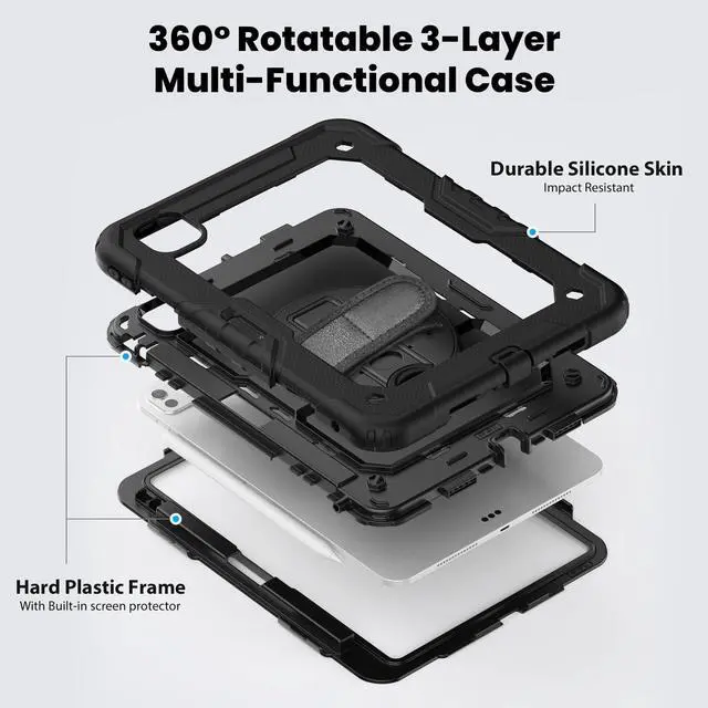 Alt view image 3 of 7 - Heavy Duty Shockproof Protective Case with Screen Protector, 360° Rotating Stand, Hand & Shoulder Strap for iPad Pro 11 inch (M4) 5th Generation 2024,Black