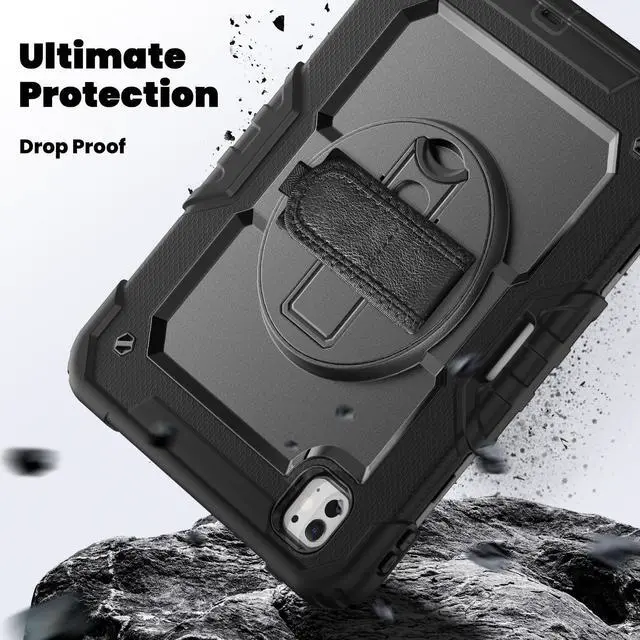 Alt view image 4 of 7 - Heavy Duty Shockproof Protective Case with Screen Protector, 360° Rotating Stand, Hand & Shoulder Strap for iPad Pro 11 inch (M4) 5th Generation 2024,Black