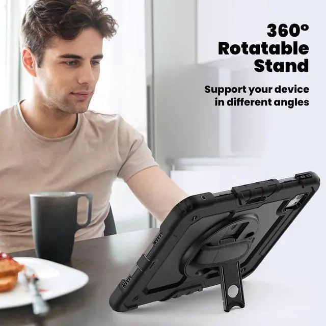 Alt view image 5 of 7 - Heavy Duty Shockproof Protective Case with Screen Protector, 360° Rotating Stand, Hand & Shoulder Strap for iPad Pro 11 inch (M4) 5th Generation 2024,Black
